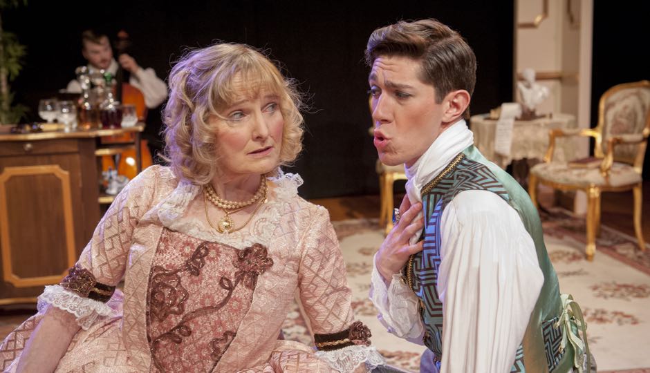 Actors Donna Snow (L) and Nate Golden (R) in a scene from "The Sisterhood." Photography by John Flak, courtesy of Mauckingbird Theatre Company.