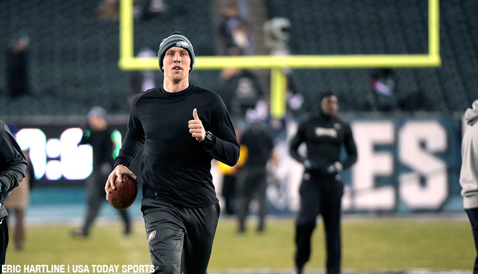 Dec 14, 2014; Philadelphia, PA, USA; Philadelphia Eagles quarterback Nick Foles (9) during warmups before game against the Dallas Cowboys at Lincoln Financial Field.
