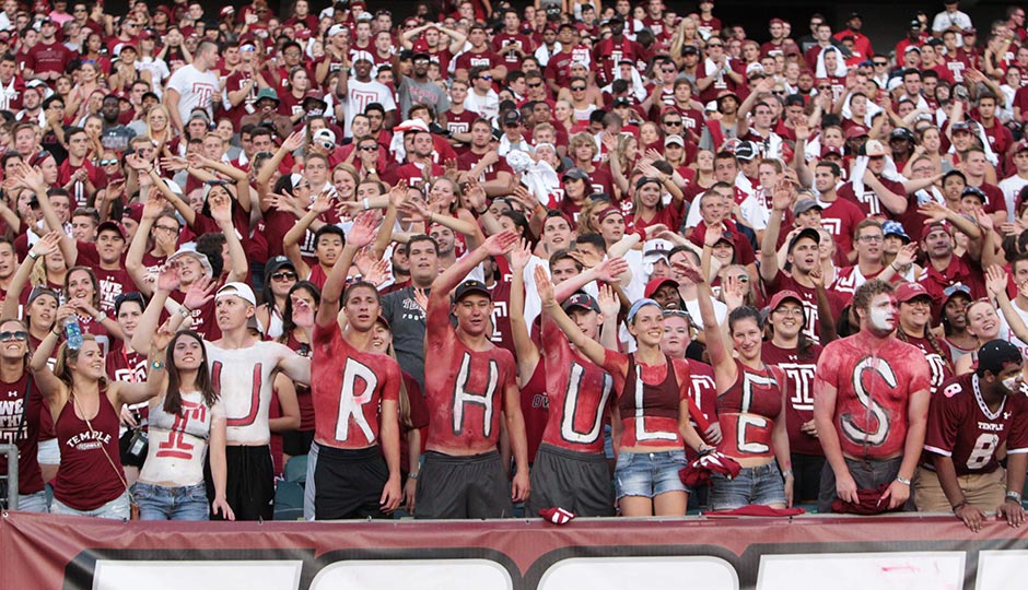 Students in the Temple Owls student section cheer during the fourth quarter against the Penn State Nittany Lions at Lincoln Financial Field on Sept. 5, 2015. Temple defeated Penn State 27-10. Photo | Matthew O'Haren-USA TODAY Sports