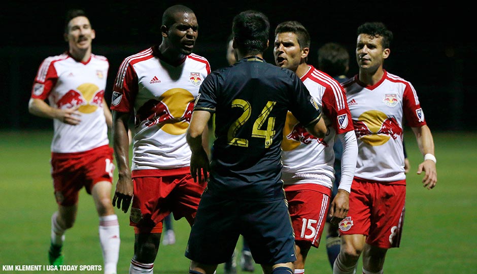New York Red Bulls defender Ronald Zubar (23) and midfielder Sal Zizzo (15) exchanges words with Philadelphia Union midfielder Ilsinho (24) as he gets called for a red card on New York Red Bulls defender Gideon Baah (3) during the first half at Joe DiMaggio Sports Complex.