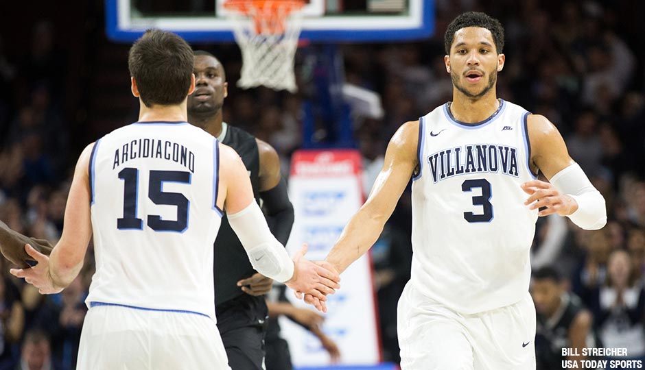 Villanova Wildcats guard Josh Hart (3) reacts with guard Ryan Arcidiacono (15) after a score against the Providence Friars during the second half at Wells Fargo Center on January 24th. The Providence Friars won 82-76 in overtime.