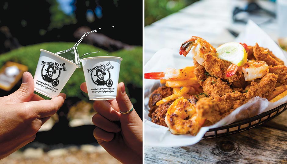 Ponce de León’s Fountain of Youth; Timoti’s Seafood Shak. Photography, from left: Fountain of Youth Archaeological Park; Deremer Studios.