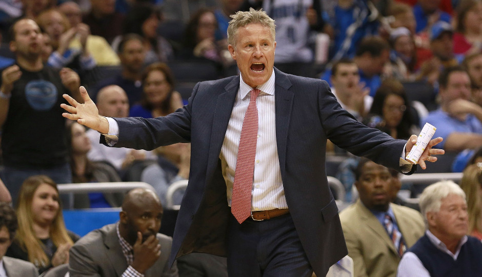 Sixers head coach Brett Brown yells at his team during their 130-116 loss to the Orlando Magic | Kim Klement-USA TODAY Sports