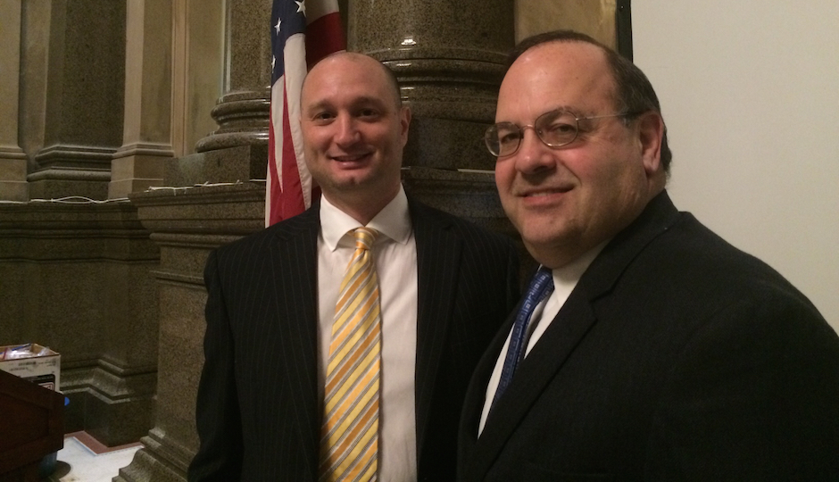Pop-up organizer Jason Pinardo (left) with City Councilman-at-Large Allan Domb at City Hall on Thursday morning. (Photo by Erika Lewy)
