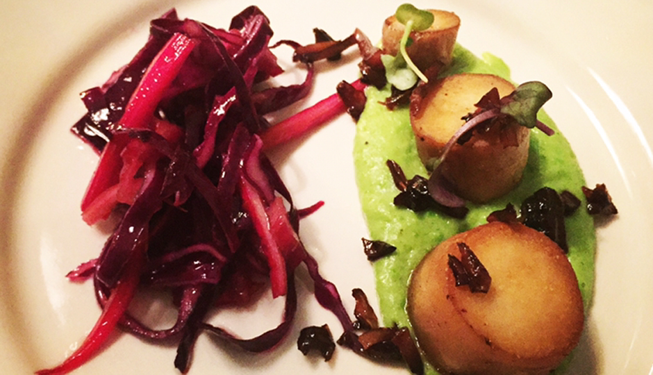 Vegan "scallops" sprinkled with mushroom bacon bits at Miss Rachel's Pantry