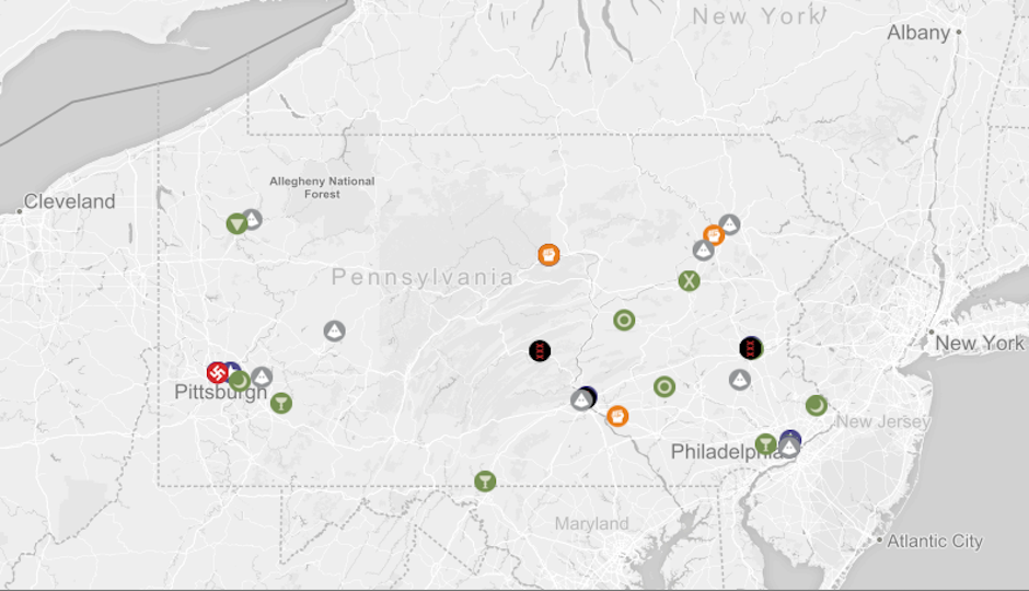 The Southern Poverty Law Center's map of hate groups in Pennsylvania.