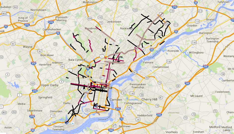 And image of the Bicycle Coalition of Greater Philadelphia's map of proposed protected bike lanes