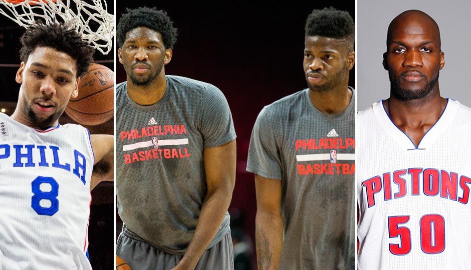 Jahlil Okafor (Bill Streicher, USA Today Sports); Joel Embiid and Nerlens Noel (Bill Streicher, USA Today Sports); Joel Anthony (Raj Mehta (USA Today Sports)