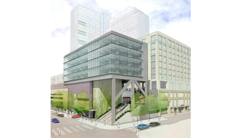 Will an open stairway lure visitors to the rooftop shopping village at 1001 South Broad any more than an enclosed one would? Rendering | Cope Linder Architects