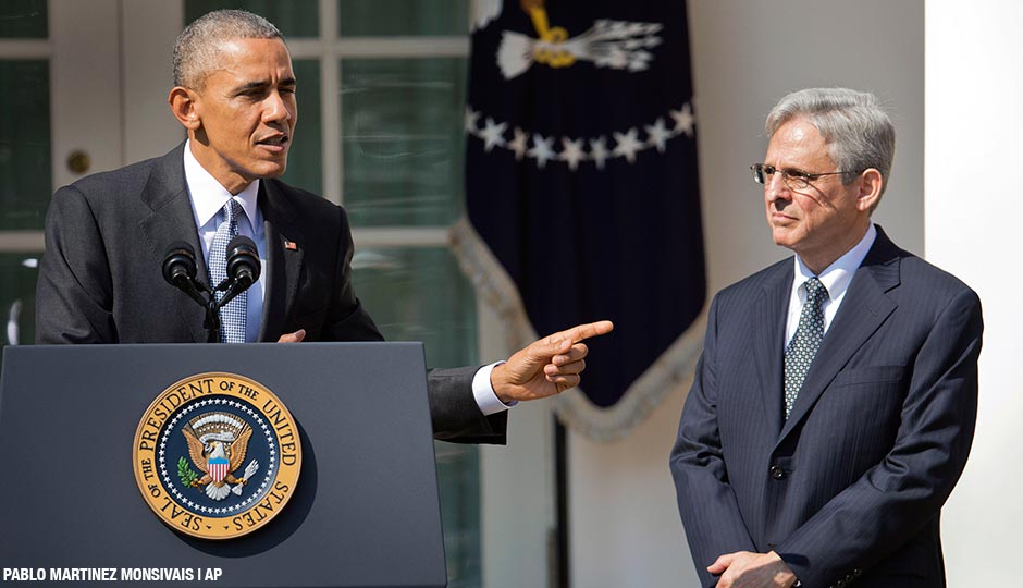 Federal appeals court judge Merrick Garland, stands with President Barack Obama as he is introduced as Obama's nominee for the Supreme Court during an announcement in the Rose Garden of the White House, in Washington, Wednesday, March 16, 2016.