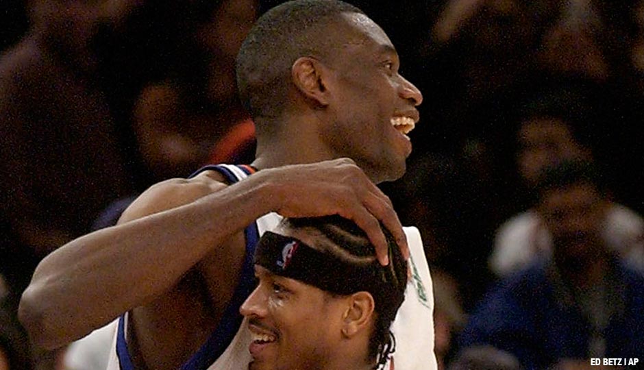 New York Knicks Dikembe Mutombo pats Philadelphia 76ers Allen Iverson on the head after the Knicks defeated the 76ers 99-88, Saturday, Nov. 22, 2003 at Madison Square Garden in New York.