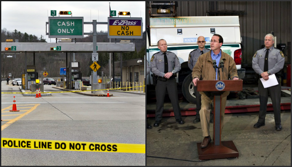 Left, the Fulton County crime scene. Right, PA Turnpike Commissioner Sean Logan addresses the media to discuss the deadly robbery attempt. Source: PA Internet News Service