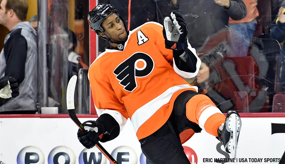 Philadelphia Flyers right wing Wayne Simmonds  celebrates his goal against the Detroit Red Wings.