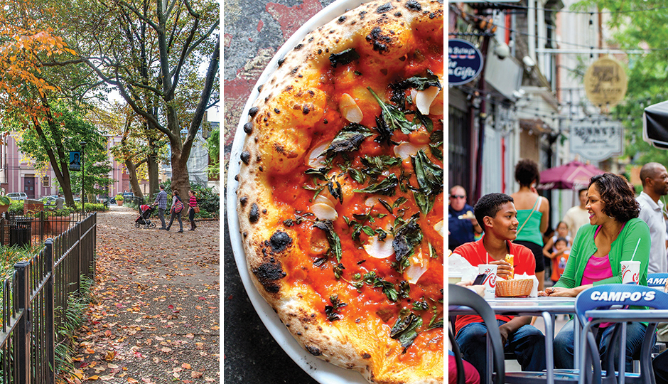 From left: Mario Lanza Park in Queen Village; pizza from Bufad in Callowhill; outdoor dining along Market Street in Old City. From left, photo by: R. Kennedy for Visit Philadelphia; James Narog; J. Fusco for Visit Philadelphia.