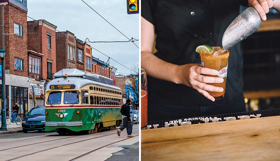From left: Route 15 trolley rolling down Girard Avenue in Brewerytown; American Sardine Bar in Point Breeze. From left, photo by: Jeff Fusco; Neal Santos.