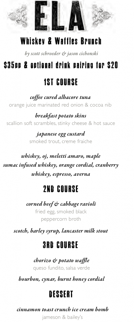 Whiskey and Waffles menu at Ela
