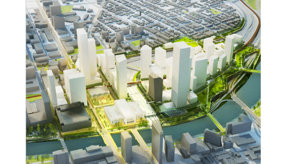 A rendering of what the 30th Street Station area should look like by 2050 from the draft district plan
