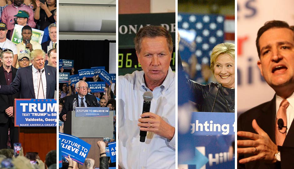 Donald Trump (istockphoto.com/mphillips007), Bernie Sanders (istockphoto.com/dx312), John Kasich (Facebook), Hillary Clinton (istockphoto.com/ginosphotos), Ted Cruz (Gage Skidmore used under a Creative Commons license)
