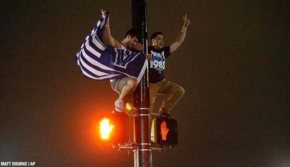 Villanova basketball fans celebrate in Villanova after the Wildcats defeated North Carolina.