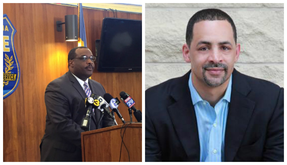 Homicide Captain James Clark (left) discuss a murder witnessed by political candidate Chris Rabb (right).