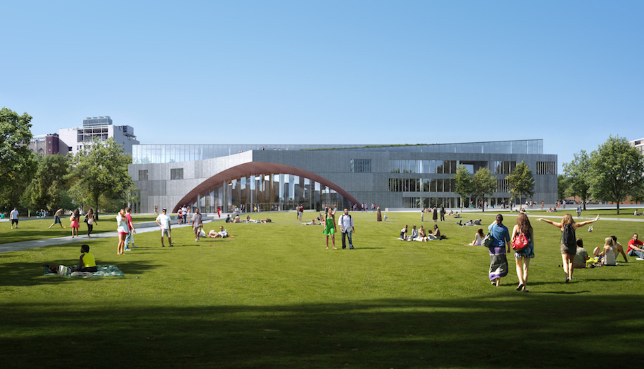 Temple University's new main library as it will appear from a new campus green to be built across 13th Street from it. All renderings | Snøhetta