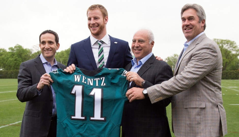 Howie Roseman, Carson Wentz, Jeffrey Lurie and Doug Pederson. (USA Today Sports)