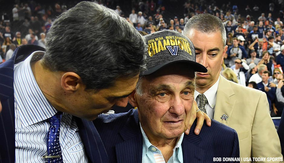 Former Villanova coach Rollie Massimino (right) with head coach Jay Wright after the Wildcats beat North Carolina in the NCAA championship game.
