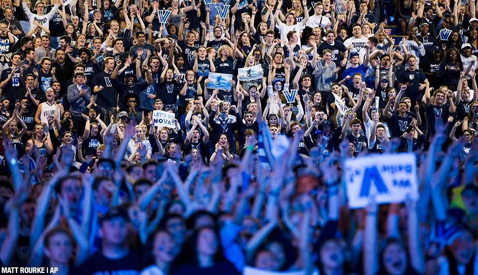 Villanova basketball fans view a broadcast of the national championship between Villanova and North Carolina, Monday, April 4th, in Villanova, Pa.
