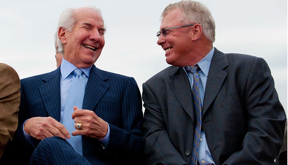 Ed Snider (left) and Bobby Clarke at the 2010 demolition of The Spectrum. Photo | Jeff Fusco