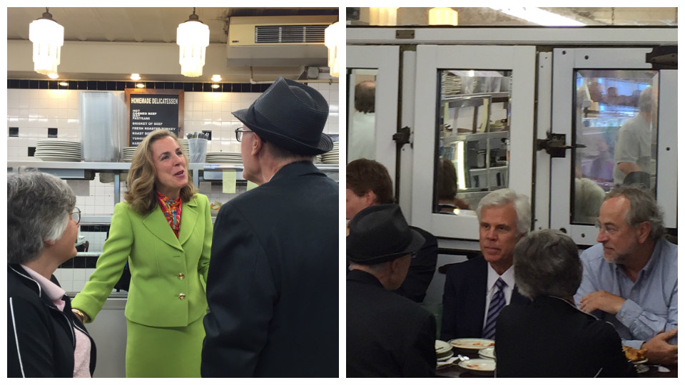 Senatorial candidate Katie McGinty (left), South Jersey Democratic Party power broker George Norcross (middle, right) were among those in the crowd at the Famous 4th Street Deli.