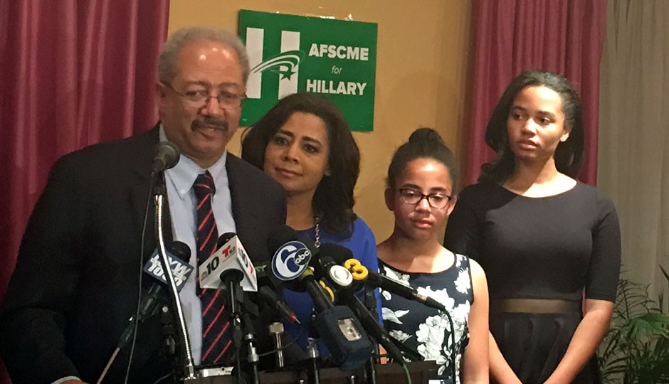 Chaka Fattah on election night, flanked by his wife, former NBC 10 anchor Renee Chenault-Fattah, and