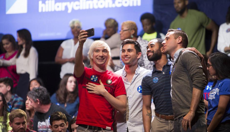 Millennial Hillary Clinton supporters pose for a selfie, naturally, at Clinton's April 20th Fillmore Rally. Photo | Ryan Collerd