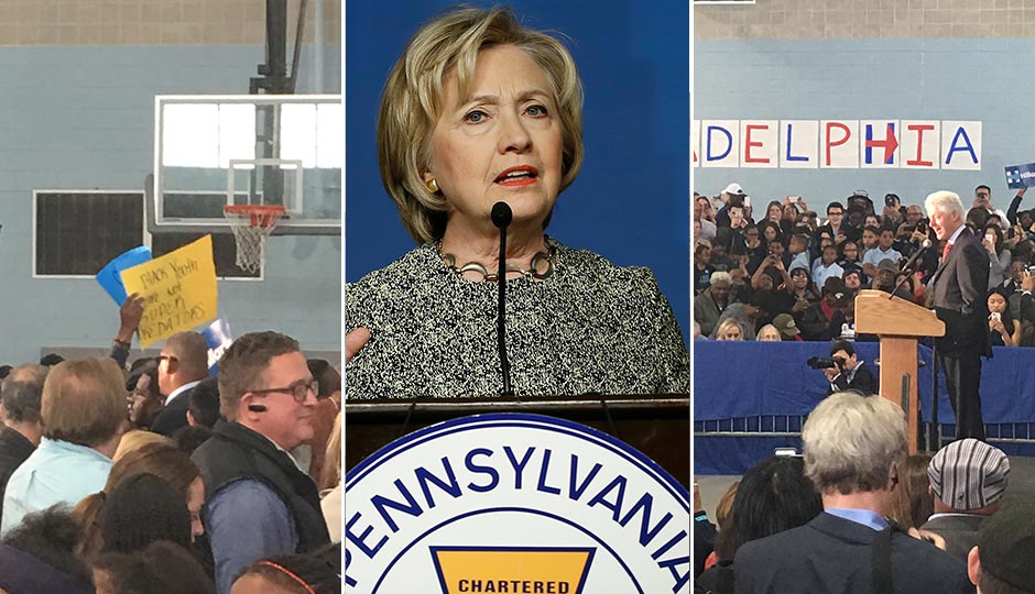 Hillary Clinton (center, Matt Rourke, AP). Protesters (left) and Bill Clinton (right, photos Dan McQuade).