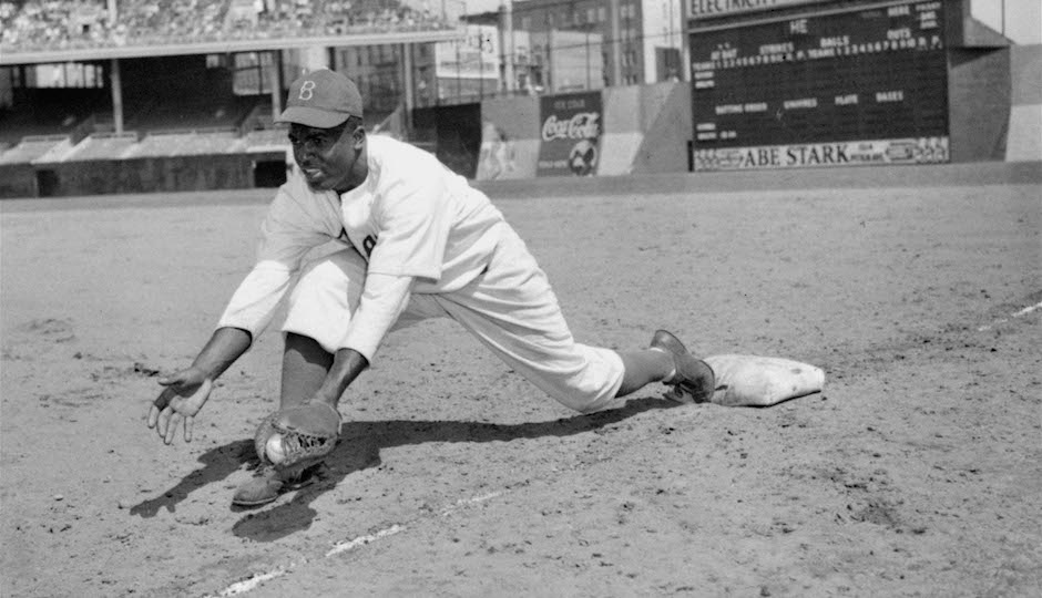 Jackie Robinson, Brooklyn Dodgers' first baseman, is shown at Ebbets Field, April 11, 1947. (AP Photo)