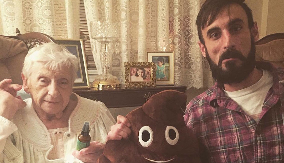 Poe with his 87-year-old grandmother, Lucy, who is holding a bottle of cannabis ointment. 
