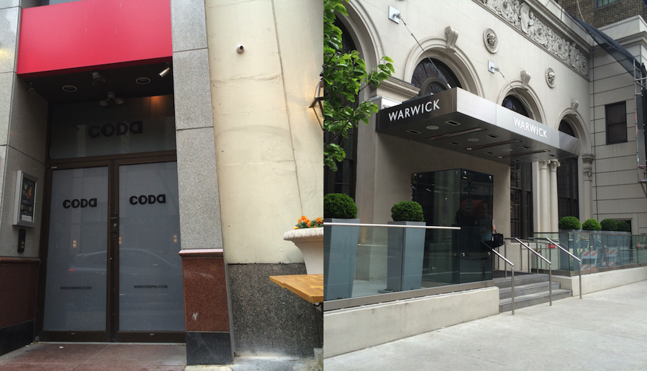 Left: Walnut Street's Coda nightclub. Right: The Warwick Hotel in Rittenhouse Square. (Photos by Erika Lewy)