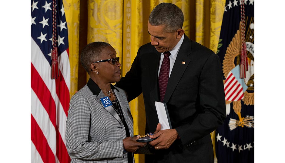 President Barack Obama presents Constance Wilson, grandmother of fallen Philadelphia Police Department Sgt, Robert Wilson III with his Medal of Valor during a ceremony in the East Room of the White House in Washington, Monday, May 16, 2016. Photo | Carolyn Kaster, AP