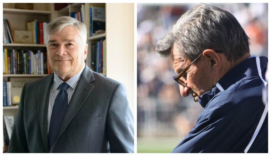 Penn State president Eric Barron (Michelle Bixby, Penn State) and Joe Paterno (Richard Paul Kane, Shutterstock)
