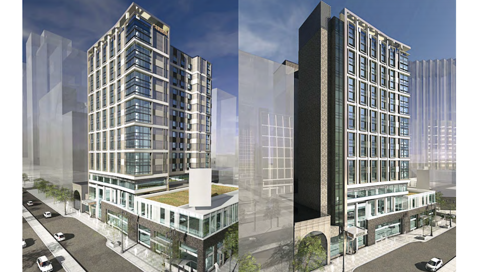 Two perspective views of the Cambria Hotel, to be built at Broad and Locust streets. Renderings | DAS Architects