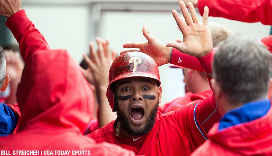 Andres Blanco reacts in the dugout after scoring during the third inning of a May 18th game against the Miami Marlins at Citizens Bank Park.