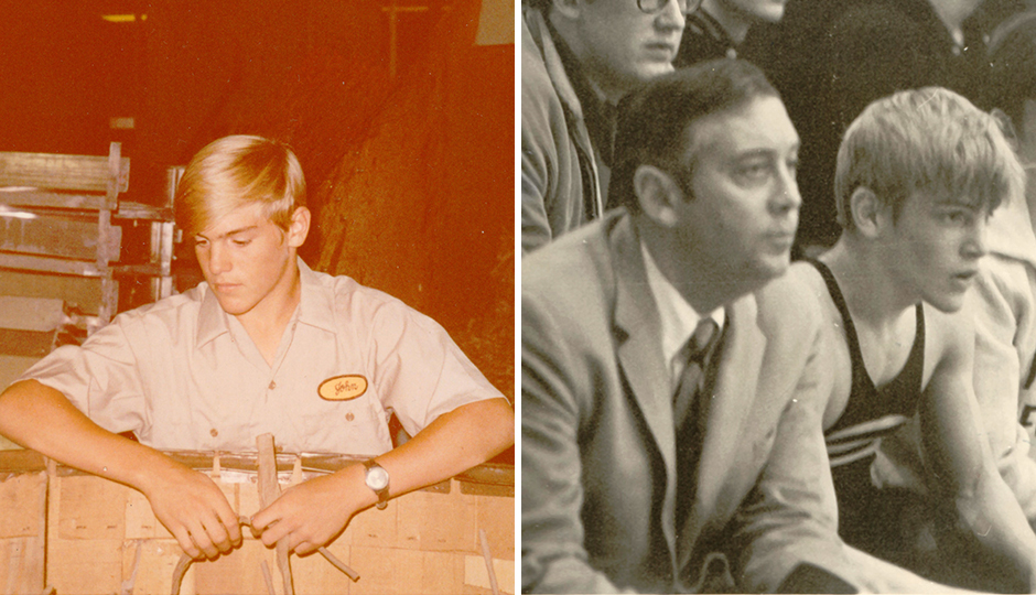 From left: Sixteen-year-old John Middleton working his first summer at his family’s pipe tobacco and cigar business, John Middleton, Inc., in 1971; Herb Middleton (left) next to his son after John won a wrestling tourney, 1970. | Photographs courtesy of John Middleton.