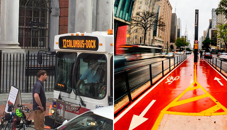 To avoid situations like the one on the left, Philly needs more bike lanes like the ones on the right. SEPTA/bike showdown photo courtesy of Matthew Kay; bike lanes photo istockphoto.com
