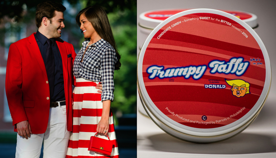 Left: Mitt Coats and Samantha Gutièrrez. (Photo by JPG Photography) Right: Product shot of Trumpy Taffy.