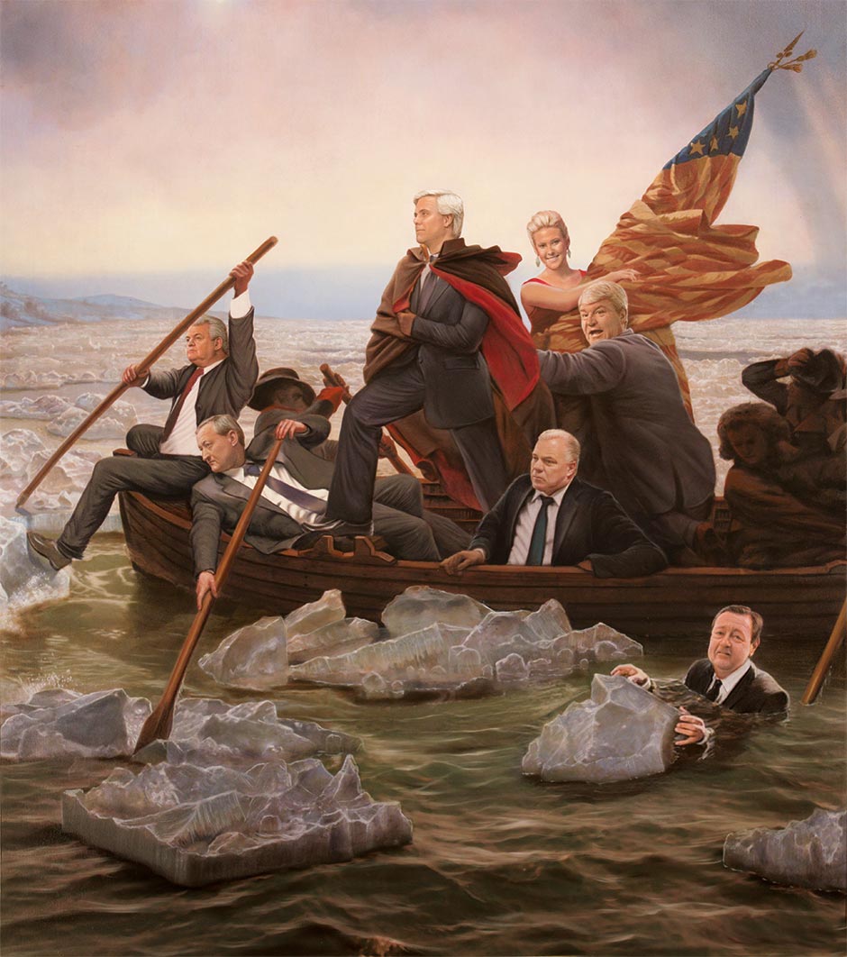 From left: Bob Brady, Jim Kenney, George Norcross, Lexie Norcross, Steve Sweeney, John Dougherty, Ed Coryell (in water). Illustration by Tim O’Brien