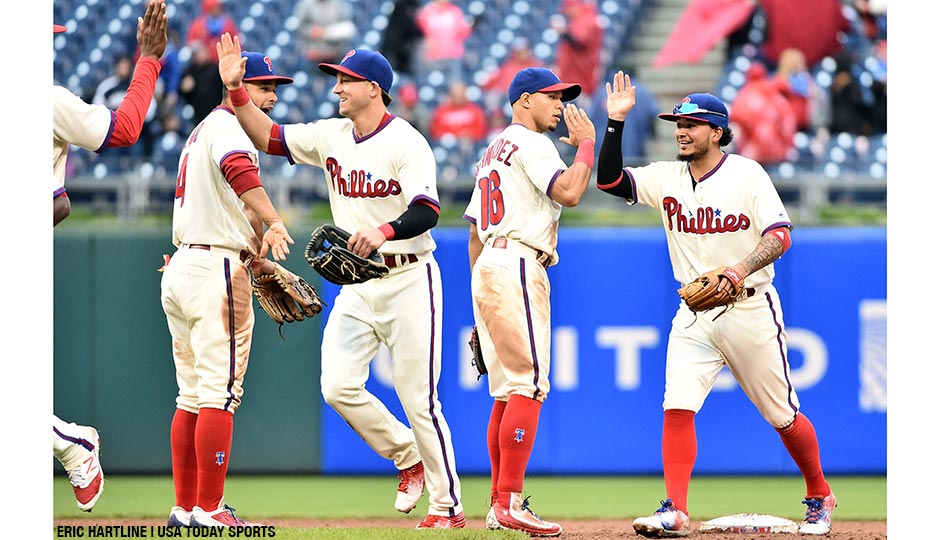 The Philadelphia Phillies celebrate after a 2-1 win against the Cleveland Indians at Citizens Bank Park on Sunday, May 1, 2016.