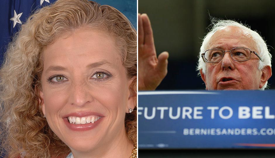 DNC Chairwoman Debbie Wasserman Schultz., Sen. Bernie Sanders at University of Pittsburgh campus, Monday, April 25, 2016 (AP).