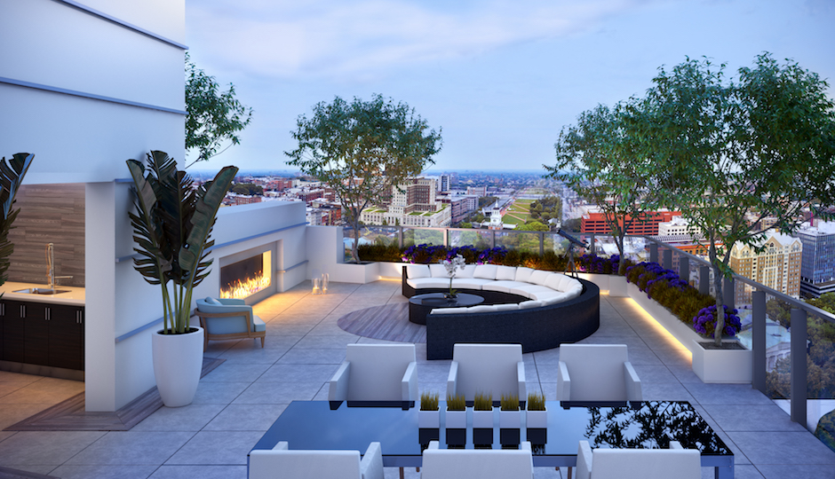 The balconies at 500 Walnut are extra-large to appeal to suburbanites used to large yards. The penthouse's terrace, shown here, is especially spacious and striking - and the unit just sold for an all-time record price. | Renderings courtesy Scannapieco Development Corporation