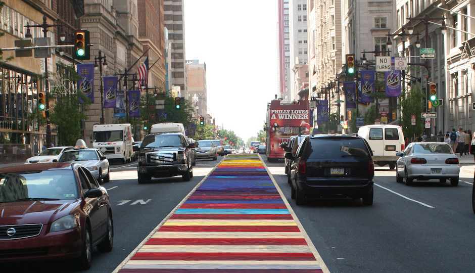 A rendering of a colorful mural that will be installed on the median of South Broad Street between City Hall and Washington Avenue. 