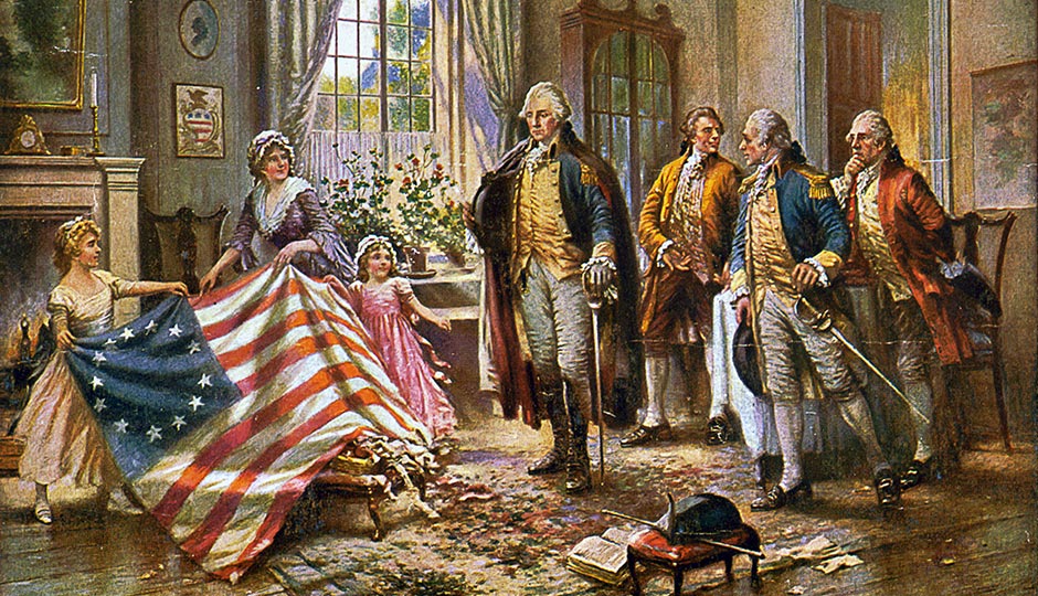 Painting depicting the story of Betsy Ross presenting the first American flag to General George Washington, by Edward Percy Moran. Public Domain. 