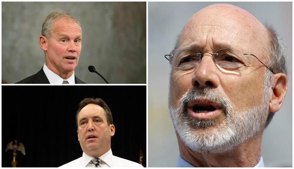 Clockwise: House Speaker Mike Turzai, Gov. Tom Wolf and Senate Majority Leader Jake Corman. | PUT PHOTO CREDIT HERE